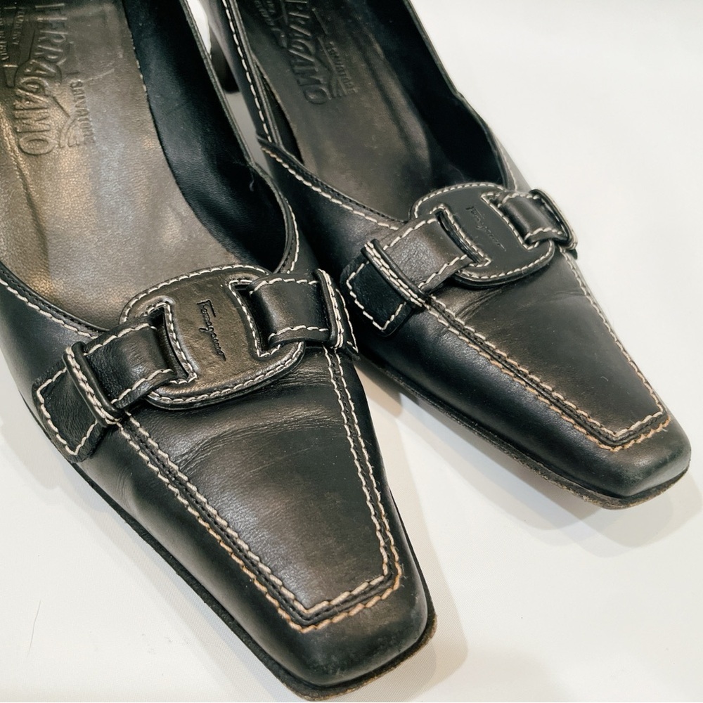Salvatore Ferragamo Black Square Toes Ivory Stitching Leather Heeled Pumps 8.5 - Picture 6 of 12